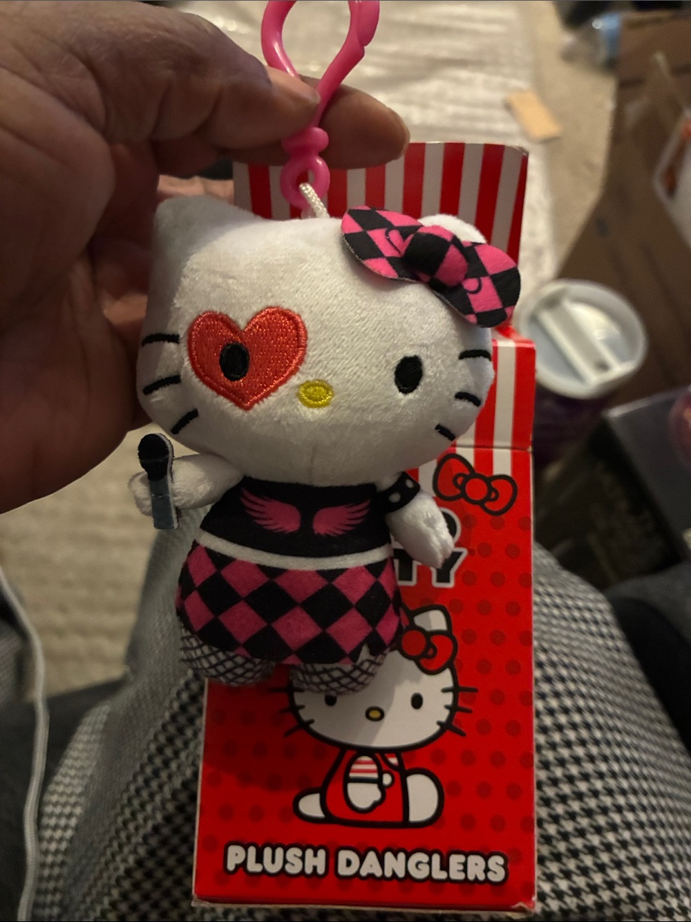 Hello Kitty Pink & Black Diamond-Print Plush Dangler with Heart Eye